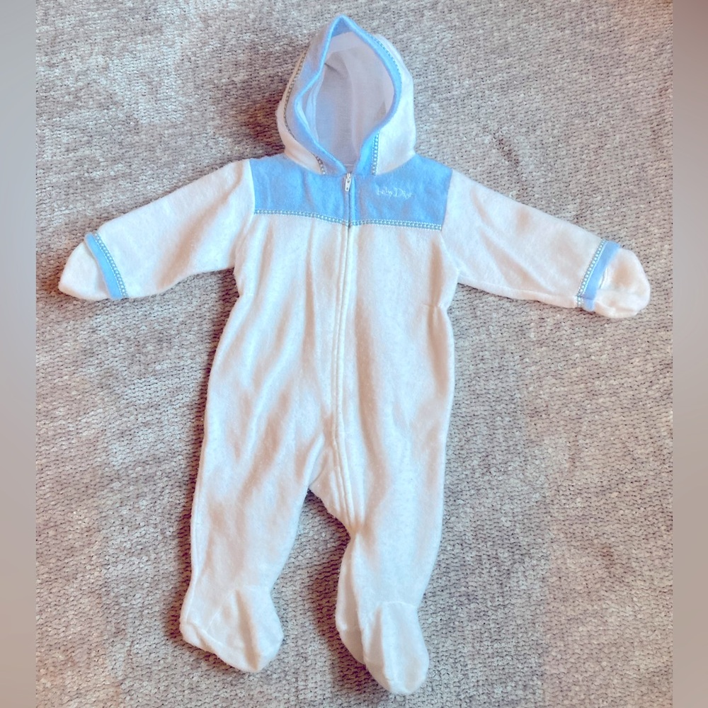Vintage Baby Dior Infant Hooded Bunting Suit White Blue Fleece OS Rare